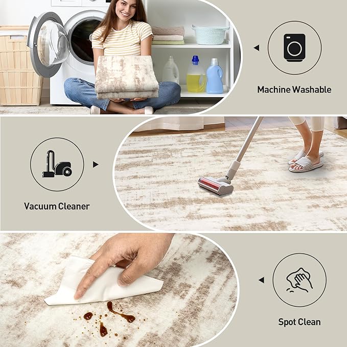 6x9 Area Rugs Washable Rug: Large Modern Abstract Living Room Rug Soft Anti-Skid Thin Carpet Indoor Floor Non-Shedding Carpets for Bedroom Dining Room Farmhouse Nursery Home Office - Brown Ivory