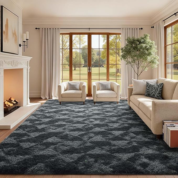 6x9 Ft Large Shag Rugs for Bedroom Living Room for Men Boys, Tie Dyed Ultra Soft Fluffy Furry Area Rug for Indoor Floor, Aesthetic Carpet for Home Decor (Black Grey)