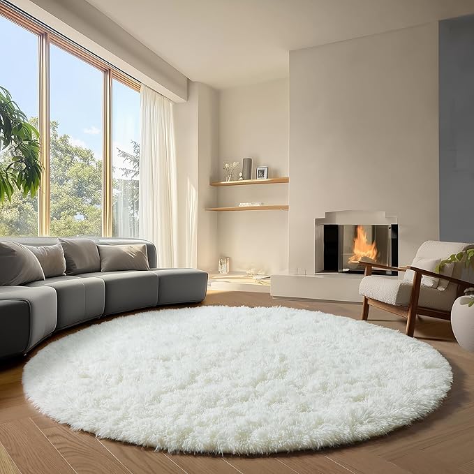 ONASAR Cream White Round Rugs 8ft for Living Room, Ivory Fluffy Bedroom Circle Area Rug, Soft Plush Shaggy Carpet for Kids Girls Boys Teen Nursery Dorm Classroom Playroom Home Decor Aesthetic