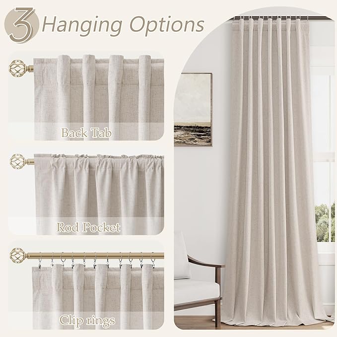 Guken 100% Blackout Curtains 90 Inch Length 2 Panels Set for Living Room Bedroom Back Tab Thermal Insulated Black Out Linen Drapes Room Darkening Window Curtains 90 Inches Long, Sand Beige