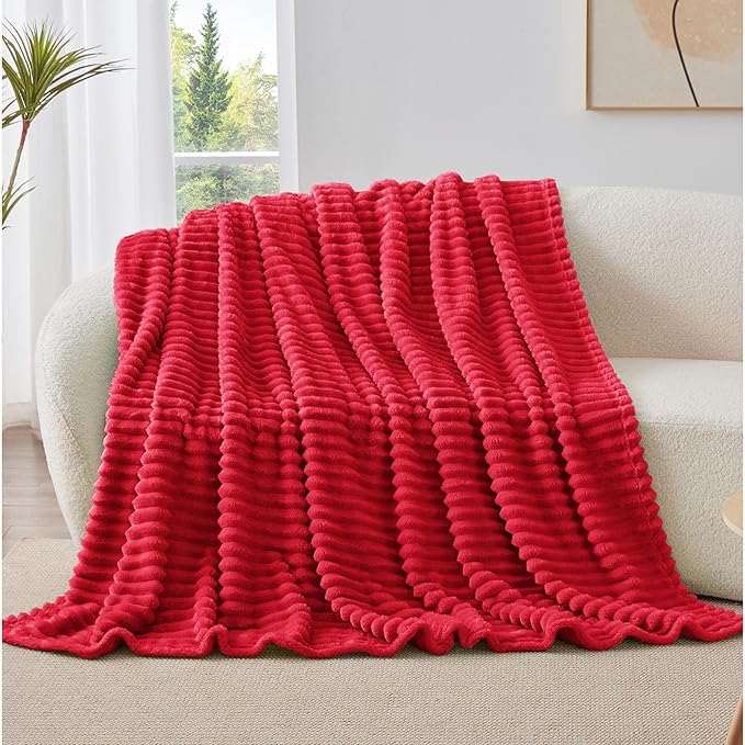 BEDELITE Twin Blanket for Couch & Bed, 300GSM Soft & Warm Fleece Blanket, Decorative and Giftable Striped Red Blankets for Women, Men, 60"x80"