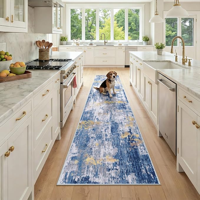 Washable Area Rugs 2x9 Non-Slip Modern Abstract Soft for Living Room Entryway Bedroom Nursery, Print Pattern, Grey Blue Gold/Golden
