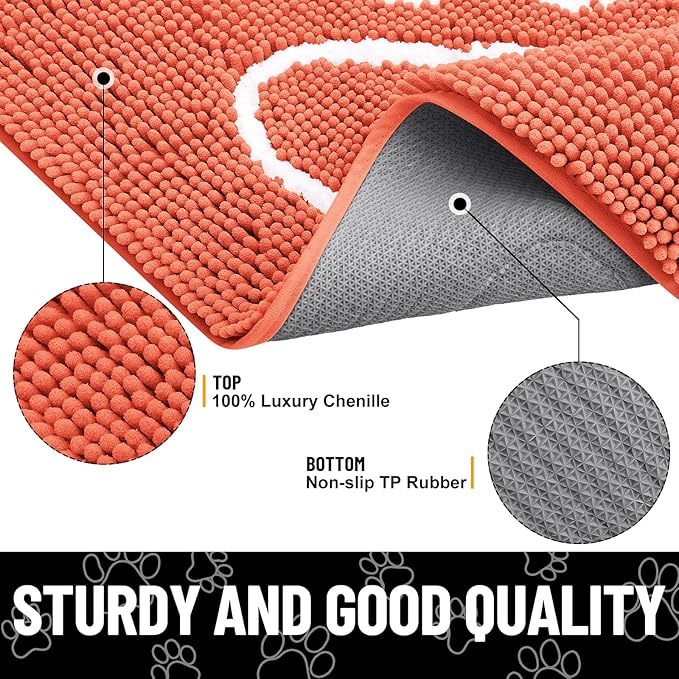 Smiry Dog Door Mat for Muddy Paws, Absorbent Dirt Trapper Non Slip Quick Dry Washable Chenille Mat for Mud Dogs, Entry Rug for Indoor and Outdoor (30x20 Inches, Coral and White)