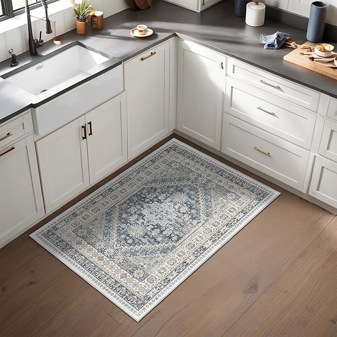 Entryway Rug - 2x3 Washable Rug Runner for Bathroom, Laundry Room, Kitchen, Soft Vintage Hallway Runner for Bedroom, Non-Slip Door Mat Indoor Entrance(Blue/Beige,2'x3')