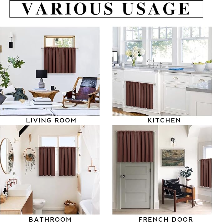 RYB HOME Short Chocolate Brown Blackout Curtains for Small Bedroom Window, Insulating UV Blocking Drapes for Kitchen Cafe Basement, Privacy Tiers for Bathroom Window, Width 42 by Length 36, Set of 2
