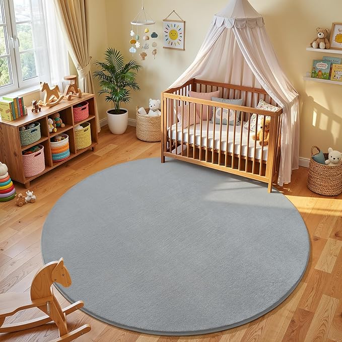 Amearea Grey Round Area Rugs 4ft Washable Circle Rugs for Bedroom Living Room, Fluffy Indoor Thickened Memory Foam Rug, Non Slip Minimalist Circular Carpet for Kids Boys Girls Dorm Nursery Room Decor