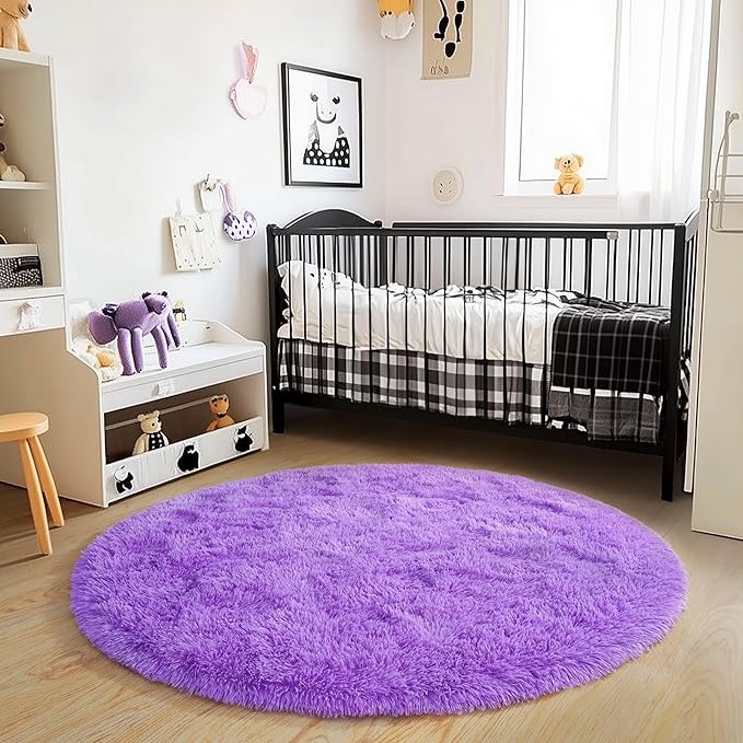 4'x4' Purple Round Rug for Bedroom, Ultra Soft Fluffy Circle Rug for Kids Girls Boys Room, Cute Shag Rugs for Living Room Playroom Teen Room Home Decor Rug