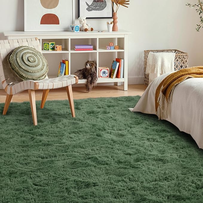 9x12 Ft Extra Large Shag Green Area Rug for Living Room, Ultra Soft Fluffy Furry Rugs for Bedroom Classroom Indoor Floor, Aesthetic Carpet for Kids Home Decor
