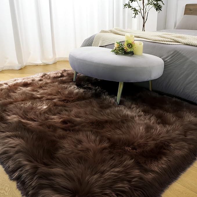 LOCHAS Soft Fluffy Faux Fur Rugs for Bedroom Bedside Rug 3x5 Feet, Washable, Furry Sheepskin Area Rug for Living Room Girls Room, Luxury Shag Carpet Home Decor, Brown