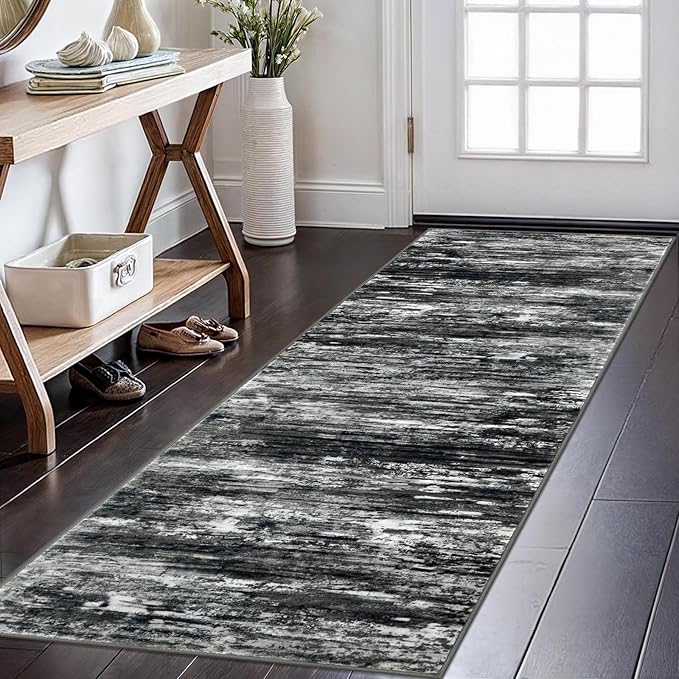 KOZYFLY Modern Abstract Kitchen Runner Rug, 2x6 Washable Rug Runner Non-Slip Soft Striped Hallway Runner Rugs, Black Grey Print Carpet Runner for Entryway Bathroom Laundry Room Foyer