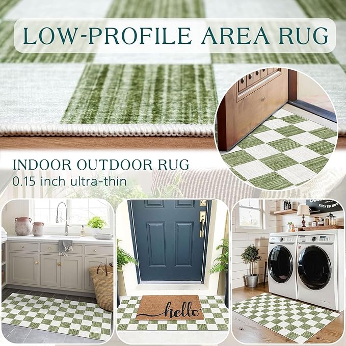 Front Door Mat Indoor Entrance - 2x4.3 Ft Green White Non-Slip Washable Doormat Outdoor Entrance Porch Rug Checkered Runner Rug for Kitchen Hallway Bedroom Laundry Room Porch Decor