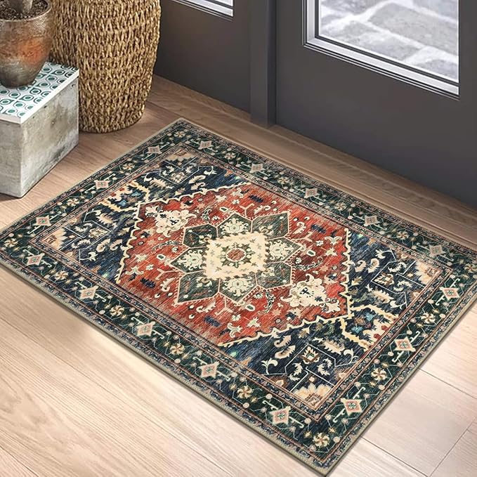 Yamaziot Washable Area Rug, 2x3 Small Entryway Rug Non-Slip Boho Vintage Rug with Rubber Backing, Low Pile Faux Wool Soft Distressed Floor Carpet for Indoor Door Mat, Kitchen, Laundry Bathroom