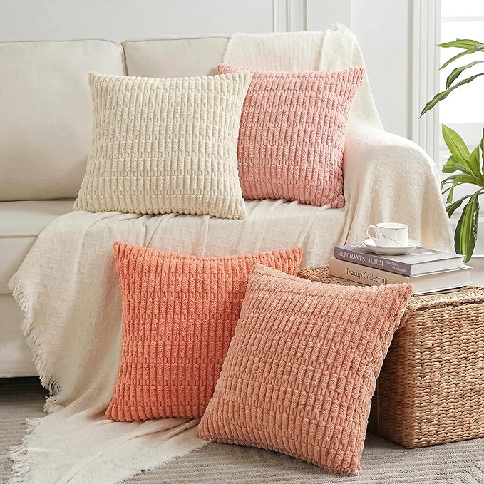 Fancy Homi 4 Packs Blush Pink Decorative Throw Pillow Covers 20x20 Inch for Living Room Couch Bed Sofa, Soft Plush Striped Corduroy Square Light Pink Coral Peach Cream Colorful Cushion Case 50x50 cm