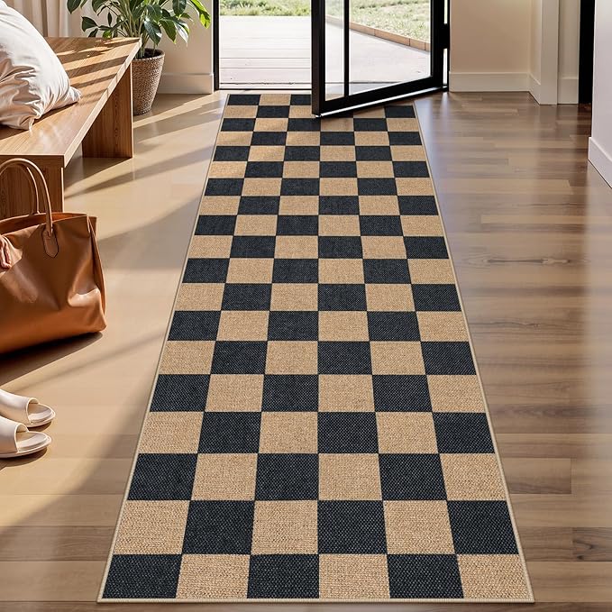 Lahome Colette Checkered Easy Jute Runner Rug, 2x8 Kitchen Rug Non Slip Washable Outdoor Runner for Entryway Indoor, Checkerboard Black Indoor Outdoor Carpet for Hallway 8ft Entry