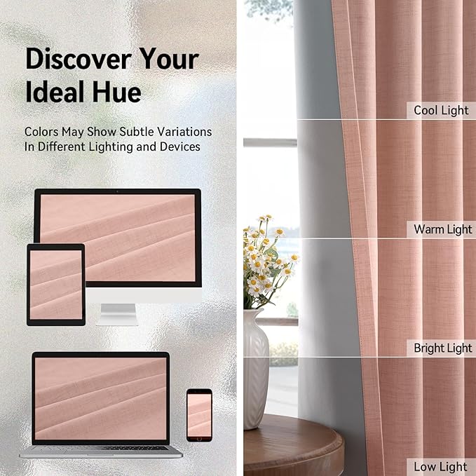 100% Blackout Shield Linen Blackout Curtains for Bedroom, Blush Pink Grommet Curtains for Living Room, Thermal Insulated Room Darkening Drapes for Nursery, Boho Home Decor, 50" W x 96" L, 2 Panels