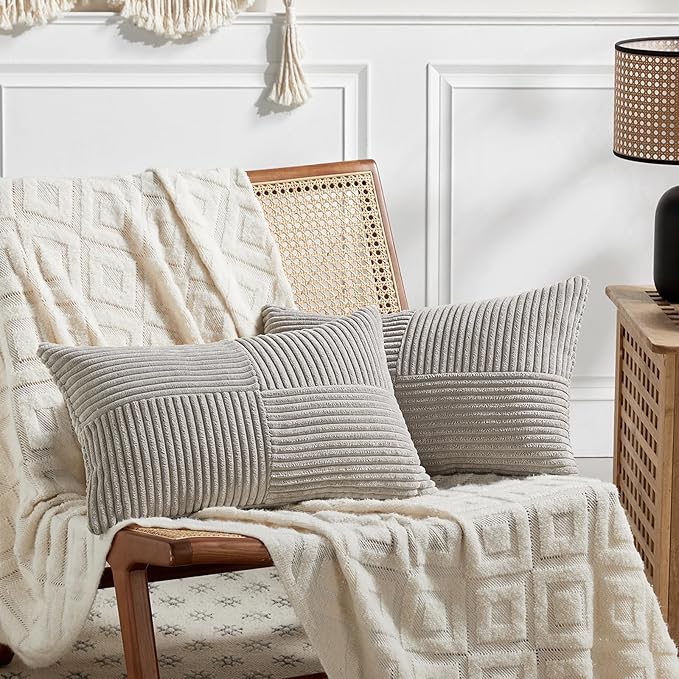 Fancy Homi 2 Packs Neutral Grey Lumbar Decorative Throw Pillow Covers 20x28 Inch for Living Room Couch Bed Sofa, Farmhouse Home Decor, Soft Striped Corduroy Rectangle Accent Cushion Case 50x70 cm
