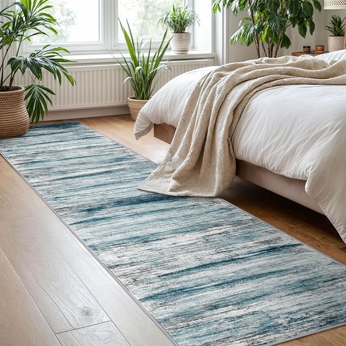 KOZYFLY Modern Abstract Runner Rug, 2x8 Kitchen Rugs Non-Slip Washable Soft Striped Hallway Runner Rugs, Print Blue Carpet Runner for Entryway Bathroom Laundry Room Foyer