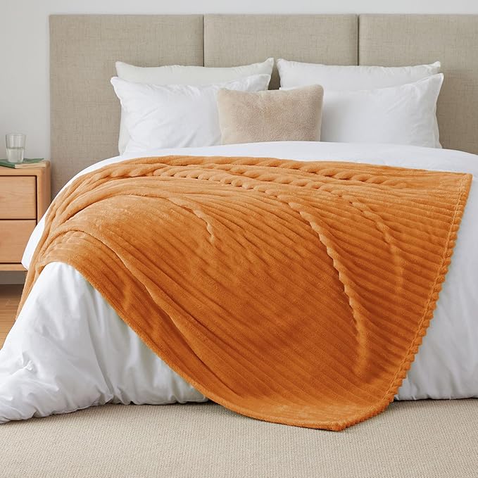 BEDELITE Twin Blanket for Couch & Bed, 300GSM Soft & Warm Fleece Blanket, Decorative and Giftable Striped Burnt Orange Blankets for Women, Men, 60"x80"