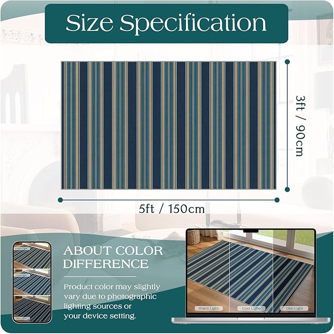 3x5 Striped Entry Rug - Small Washable Indoor Outdoor Mats for Front Door Non-Slip Porch Rug Navy Blue Coastal Throw Rugs for Bedroom Entryway Kitchen Office Welcome Layer Doormat Decor