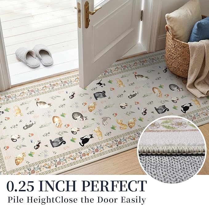 2x5 Washable Kitchen Runner Rug - Soft Low Pile Floral Animal Cat Print Rugs with Non-Slip Backing Waterproof Stain-Resistant Indoor Carpet for Hallway Entryway Bathroom Bedroom (Light Beige)