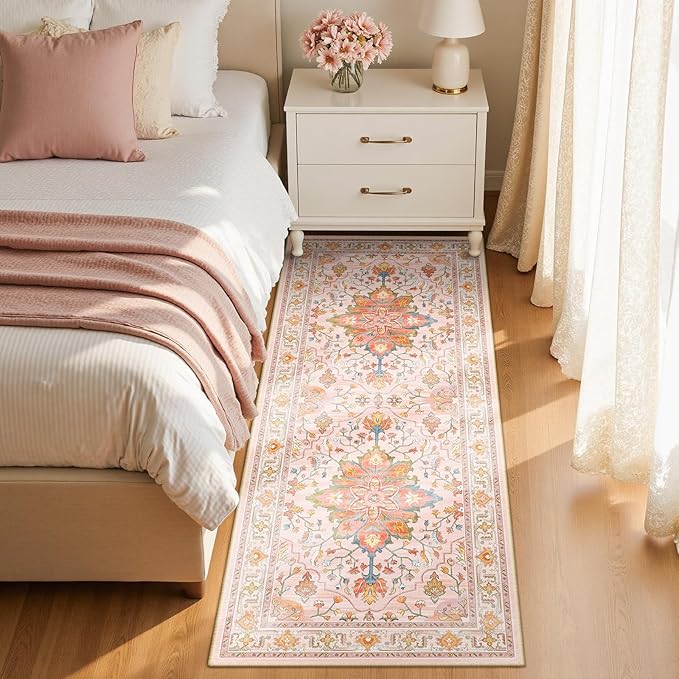 Area Rugs 2'x6' Runner Rug Non Slip Washable for Kitchen Hallway Bedroom Beside Laundry Room Bathroom Rug, Floor Carpet, Light Pink Colorful