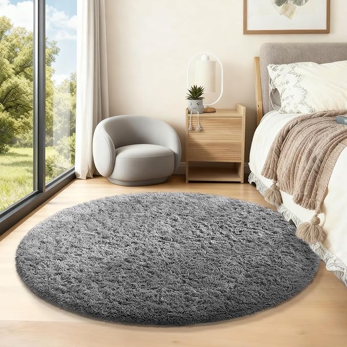 Ophanie Round Rug 5Ft Grey Circle Area Rugs, Fluffy Fuzzy Bedroom Carpet 5 Foot, Plush Shag Indoor Floor Gray Living Room Christmas Circular Aesthetic Decor for Kids Teen Boys Baby,Nursery, Classroom