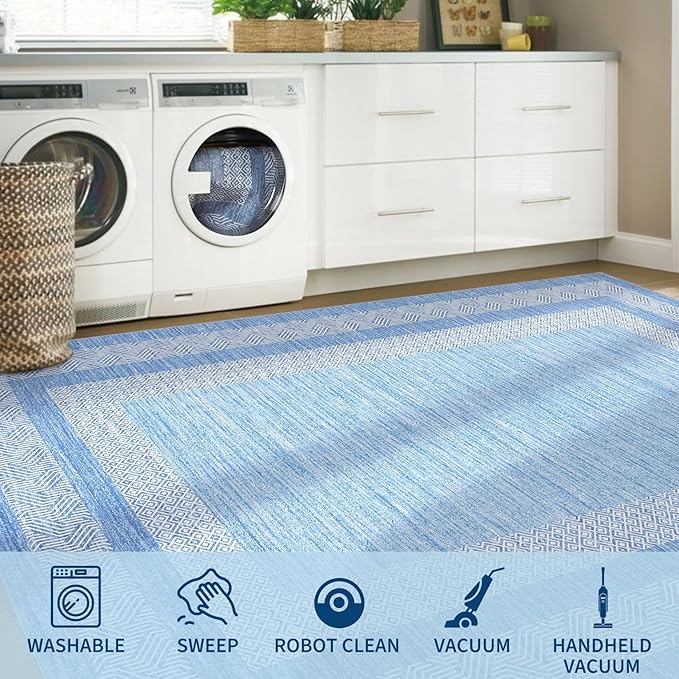 GarveeHome 9x12 Large Modern Light Blue Area Rug Distressed Bordered Soft Non Shedding Floor Carpet, Geometric Washable Non Slip Low Pile Indoor Area Rug for Living Room, Bedroom