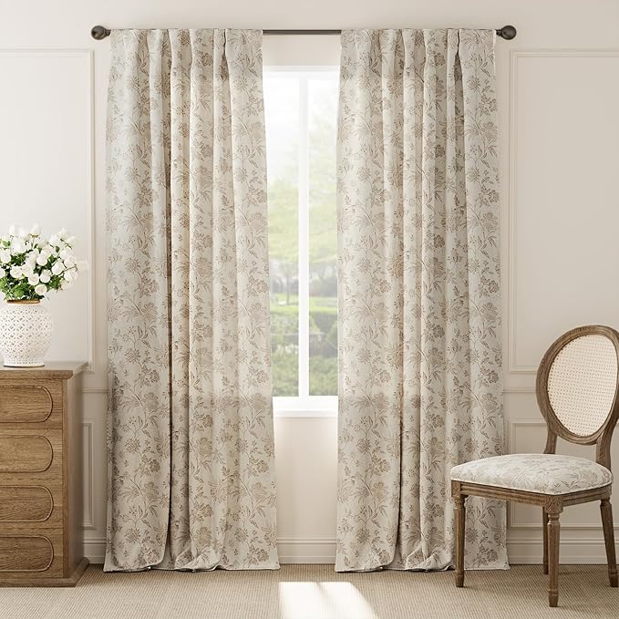 jinchan Linen Floral Curtains for Living Room with Printed Flower 96 Inches Long Light Filtering French Country Back Tab Rod Pocket Taupe Window Curtain Set Farmhouse Drapes 2 Panels Taupe