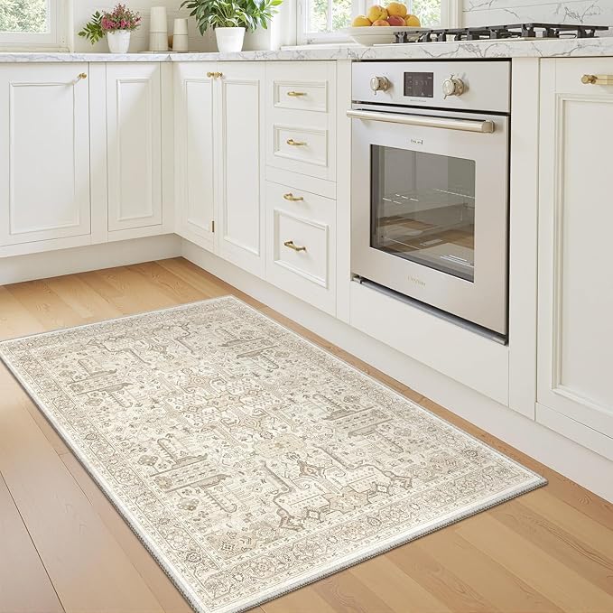 Washable 2x3 Entryway Area Rug - Small Non Slip Vintage Kitchen Runner Rugs Indoor Entrance Soft Neutral Stain Resistant Bathroom Mat Farmhouse Carpet for Bedroom Living Room Entry Laundry 2'x3' Beige