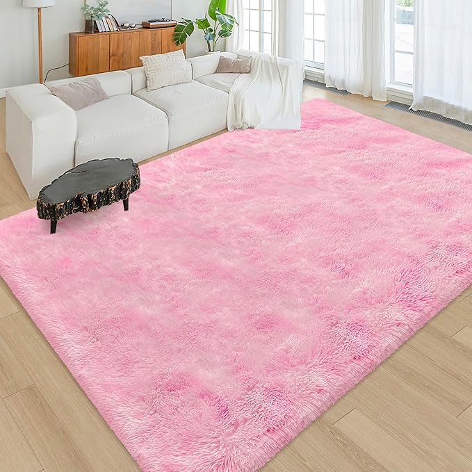 Tie-Dye Pink Soft Shaggy Fluffy Rug for Living Room 6x9ft Anti-Skid Durable Area Rug Mat Bedside Throw Rug for Bedroom Kids Room Boys Teens Nursery Dorm Office Home Decor Aesthetic Carpets