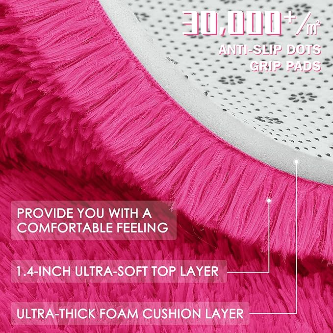 OLANLY Hot Pink Round Rugs for Bedroom - Machine Washable, 5 ft Circle Area Rugs for Living Room, Soft and Fluffy Shaggy Carpet for Teen Girls and Boys, Nursery Rooms, Dorms, Home Decor Aesthetic