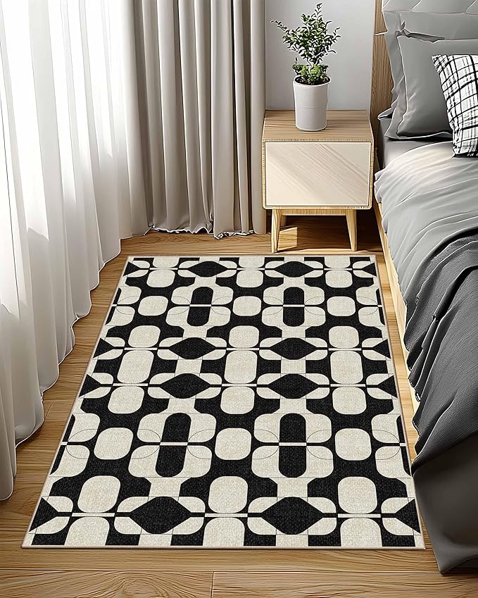 Latte&Fog 3x5 Entryway Rug, Vintage Washable Area Rug, Boho Non Slip Low Pile Throw Carpet for Indoor Bedroom Bedside, Kitchen, Entry and Living Room - Black Beige