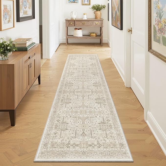 Washable 2x8 Runner Rug - Non Slip Vintage Kitchen Runner Rugs Low-Pile Distressed Long Rugs for Hallway Waterproof Indoor Carpet for Living Room Bedroom Entryway 2'x8' Beige