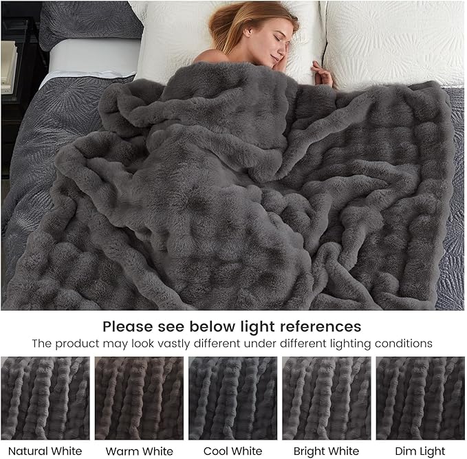 Cozy Bliss Faux Fur Bubble Throw for Couch, Fuzzy Soft Plush Thick Blanket for Sofa Bed Gift, 50x60 Inches Charcoal Grey