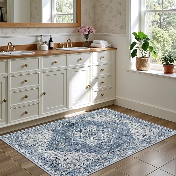 2x3 Area Rugs Living Room Rug: Washable Vintage Boho Medallion Rug No Slip Stain Resistant Soft Carpet Indoor Floor Large Carpets for Bedroom Dining Room Farmhouse Nursery Hallway Home Office Blue