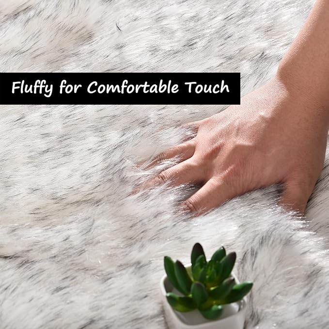 Goolela Fluffy Faux Sheepskin Fur Rug for Bedroom 3x5 White with Grey Tips Fuzzy Furry Bedside Plush Rug for Office Dorm Soft Shaggy Carpet Rectangle