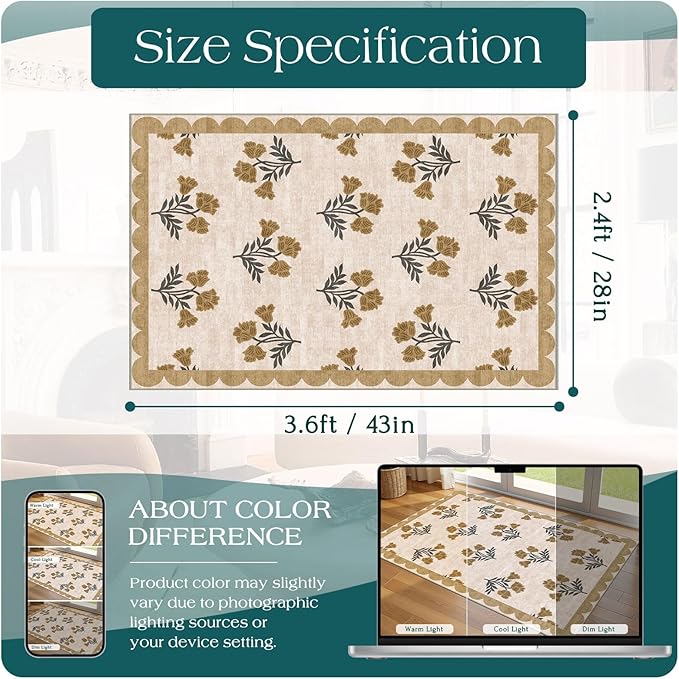 Floral Outdoor Rug - 28" x 43" Front Door Mat Indoor Outside Entrance Non-Slip Washable Outdoor Mat Beige Vintage Farmhouse Rug for Entryway Kitchen Bedroom Layered Doormat for Front Porch