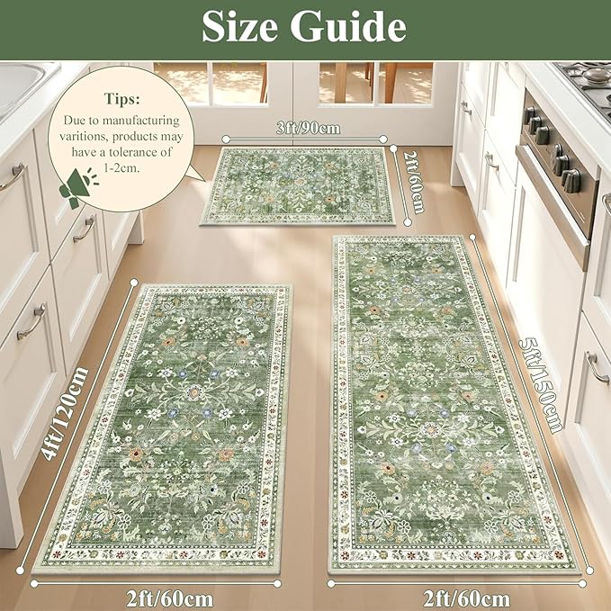 Yamaziot Washable Kitchen Rug Set of 3 – Non Slip Boho Floral Hallway Runner Rug with Rubber Backing, Low Pile Kitchen Mats for Floor, Laundry, Desk (2x3+2x4+2x5,Green)