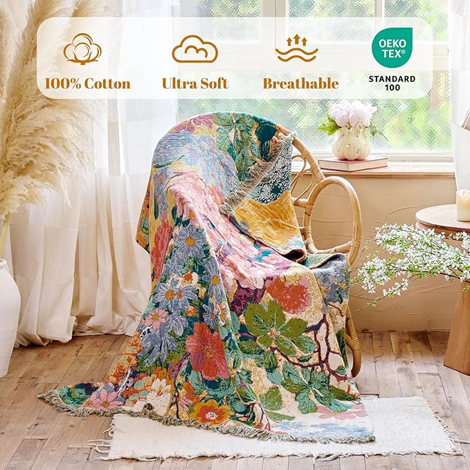 MSGKV Boho Throw Blanket for Couch 50"x60" Cotton Floral Blankets for Sofa Chair Spring Breathable Farmhouse Home Decor All Seasons Lightweight Muslin