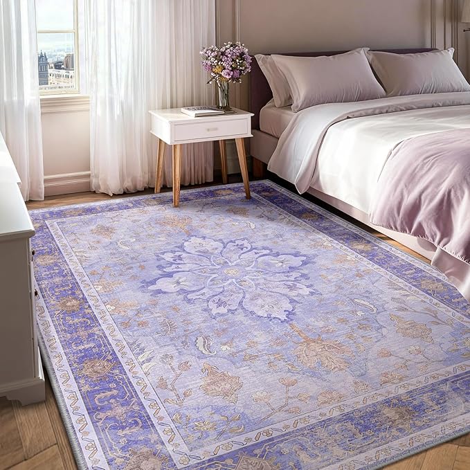 Area Rugs 6'x9' Washable Non-Slip, Floral Vintage Distress Print Pattern Medallion Carpet for Living Room Bedroom Dining Room, Light Purple Brown