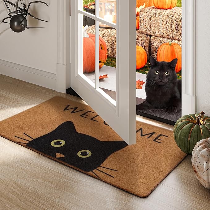 UINI Door Mat Cat Welcome Mat, Black Cat with Green Eyes Doormat, Non-Slip Cat Welcome Mats for Front Door, Outside Entrance, Resist Dirt, 17" x 30"