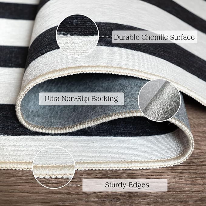Black and White Striped Entry Rug - 3x5 Ft Washable Indoor Outdoor Front Door Mat Outside Entrance Front Porch Mat Non-Slip Floor Carpet for Bedroom Entryway Kitchen Office Porch Decor
