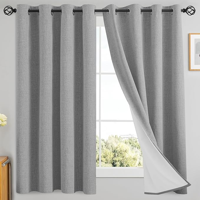 Yakamok Dove Grey Linen Curtains 100% Blackout 63 Inches Long,Room Darkening Textured Curtains for Living Room Thermal Grommet Bedroom Drapes 2 Panels with Greyish White Liner