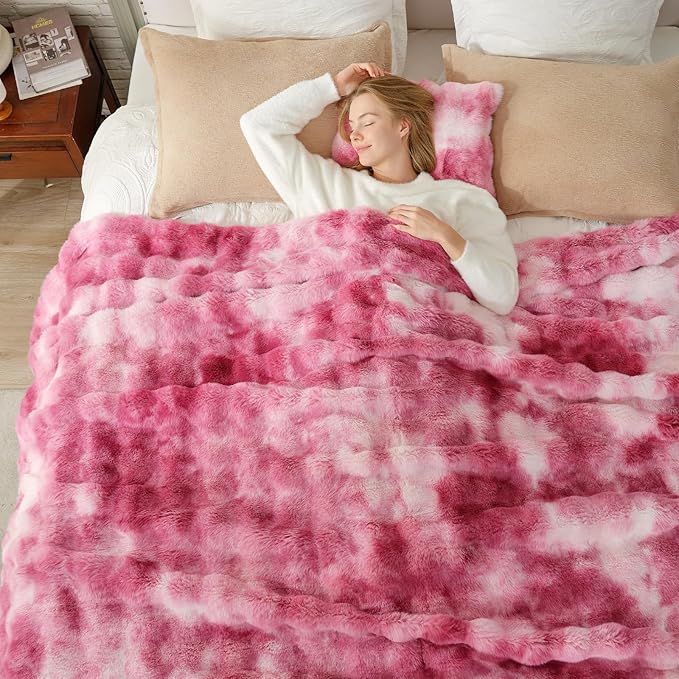 Cozy Bliss Faux Fur Throw Blanket for Bed King Size, Bubble Plush Blanket, Fuzzy Soft & Thick Blanket for Bed Sofa Living Room, 108x90 Inches Tie-dye Pink