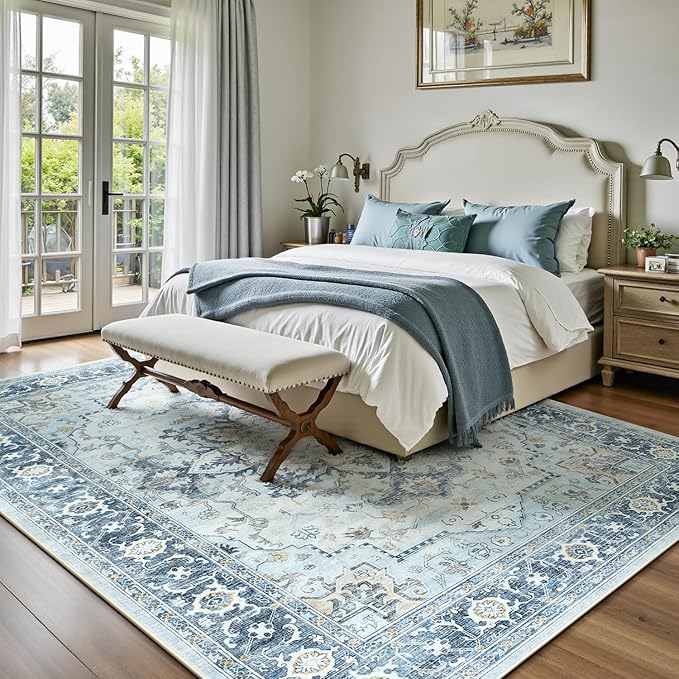 Lofus 5x7 Area Rugs for Living Room, Machine Washable Non-Slip Area Rug, Low Pile Large Rugs for Bedroom, Kitchen, Dining Room, Home Office, Vintage Oriental Print Rug, Blue Gold