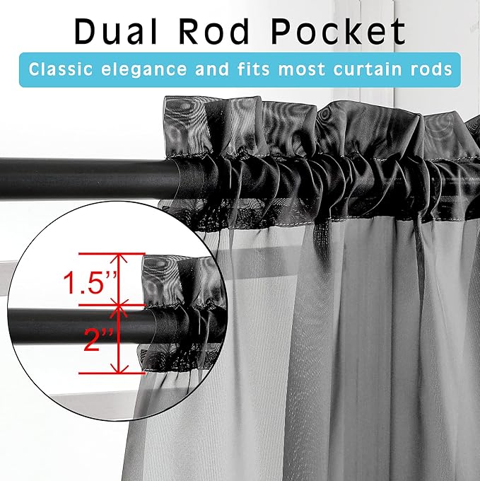 OVZME 2 Panels Black Valance - Short Fresh Curtain Valances for Windows Basement, Semi Sheer Valances for Kitchen Window, Dual Rod Pocket (Black, 42 by 14 Inches Long)