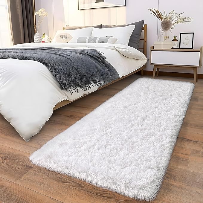 Soft Runner Rugs for Bedroom Hallways New Upgraded Non-Slip Bottom, 2 Packs 2x6 White Fluffy Shag Throw Area Rug for Bedside Dorm, Long Shaggy Furry Carpet for Nursery Living Room