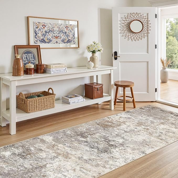 UERMEI 3X10 Washable Runner Rug for Hallway: Soft Neutral Modern Abstract Area Rug - Non-Slip Low Pile Long Throw Indoor Carpet for Kitchen Entryway Kitchen Bedroom Laundry- Brown Grey