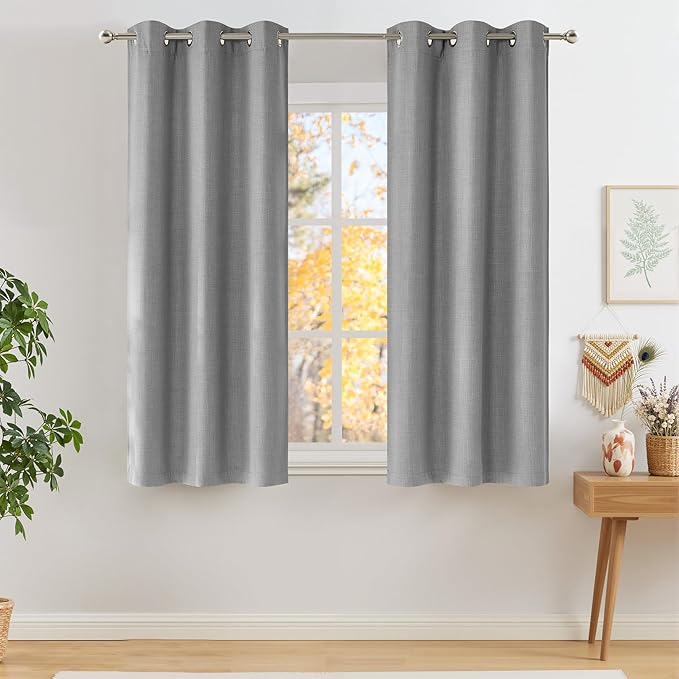 NICETOWN Short Faux Linen Light Grey Blackout Curtains 63 inches Long for Kitchen - Privacy Panels for Living Room Bedroom, Modern Farmhouse Style Easy Care Grommet Top, 2 Panels, W42 by L63