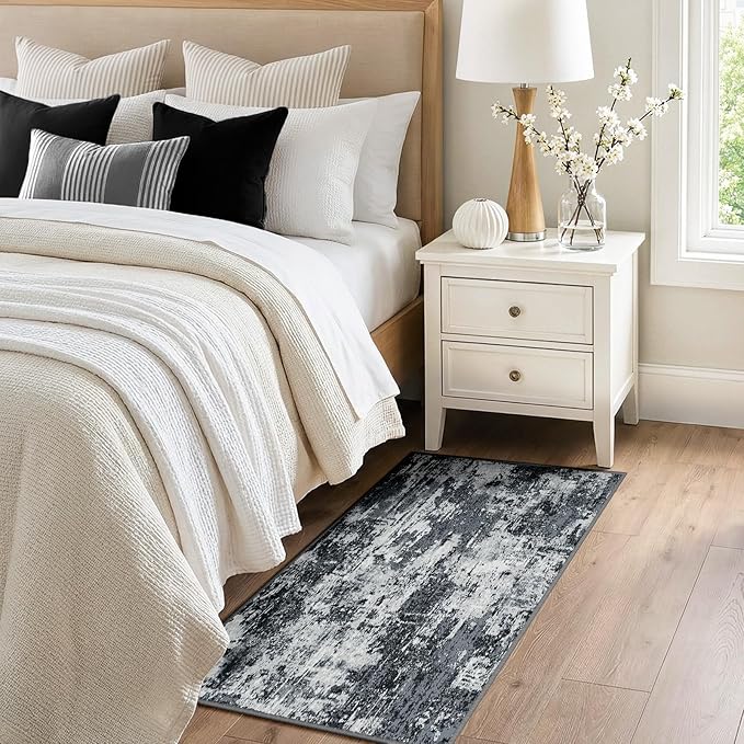 Washable Area Rugs 2'x4' Non-Slip Modern Abstract Soft for Living Room Entryway Bedroom Nursery, Print Pattern, Black Navy Blue Gray